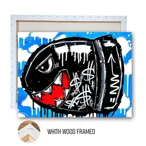 1pcs FRAMED Modern Abstract Graffiti Art Canvas Painting with Solid Wood Frame Street Style Wall Decor Artwork for Walls for Living Room Bedroom Creative Black Pattern on Blue Background Home Art Decoration Home Decor