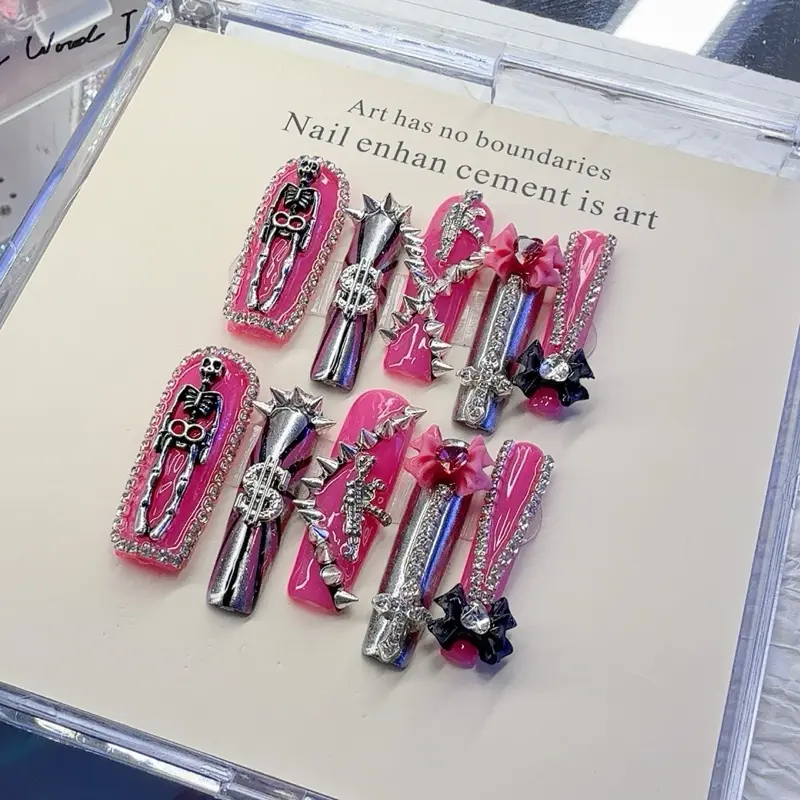 Y2K Hot Pink Cyberpunk Press-On Nails | Handcrafted McBling False Nails with 3D Skeletons, Spikes & Dollar Sign Charms