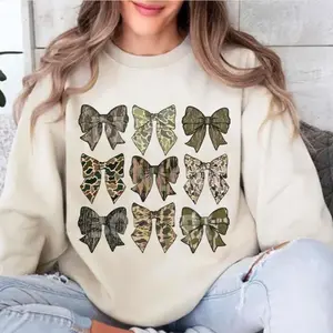 Vintage Old School Coquette Bow Camo Bottomland Pattern Crewneck Sweatshirt, Camo Hunting Mama, Mom, Hunting Wife, Camo Bow Shirt