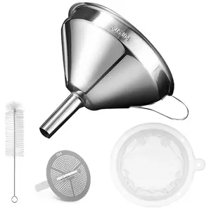Kitchen Funnel for Filling Bottles, 5 Inch 18/8 Stainless Steel Funnel, Metal Cooking Oil Food Funnel with Strainer and 200 Fine Mesh Filter for Fryer Oil Grease Juice Milk Beauty & Personal Care Tea Utensils