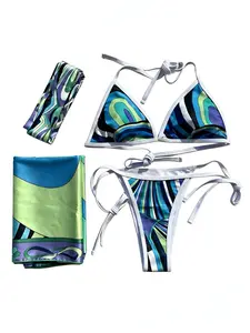 【Summervibes】Luxury Floral Bikini Set for Women with Matching Scarf and Headband, 3 Piece Swimsuit, Adjustable Straps, Flattering High Waisted Beachwear Resort Outfit
