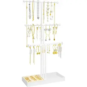 Stand Necklace Holder, 3 Tier Necklace Organizer With  Earrings Rings Tray, Adjustable Height  Organizer, Necklaces Hanging Storage Tree Display For Bracelets Bangles Watches