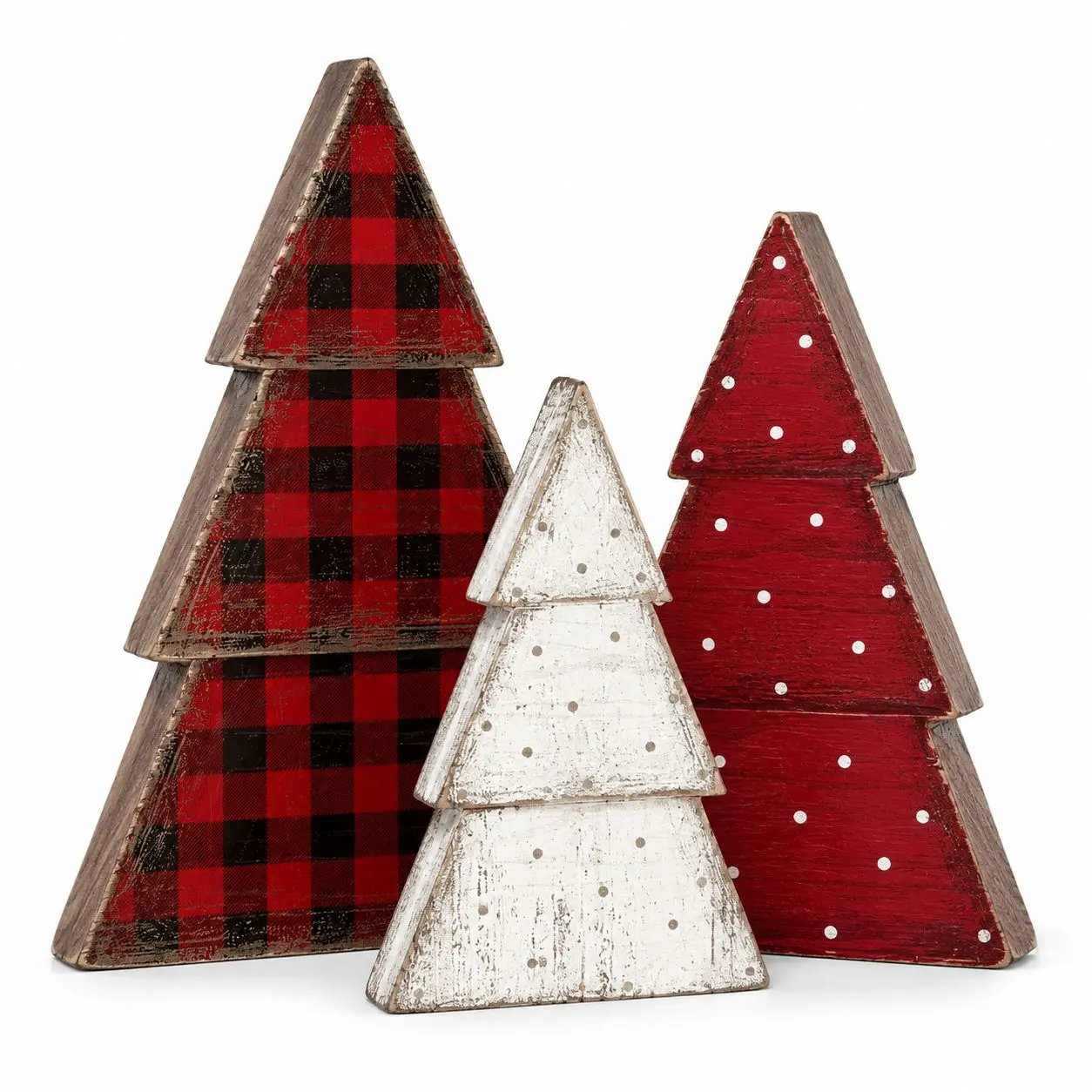 Indoor Christmas decorations, Christmas plaid polka dot tree home decor | Wooden winter Christmas dining table decoration, farmhouse Christmas party centerpiece, tiered tray decor for kitchen mantel and office gifts