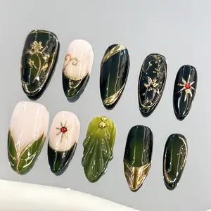 Hand-Painted 3D Gel Press-On Nails: Green Y2k Almond Metal