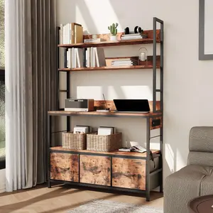 Bakers Rack with Storage Cabinet, 5-Tier Freestanding Kitchen Industrial Microwave Oven Stand with Power Outlet, Drawers and Hooks, Coffee Bar Station Utility Shelves, Rustic Brown