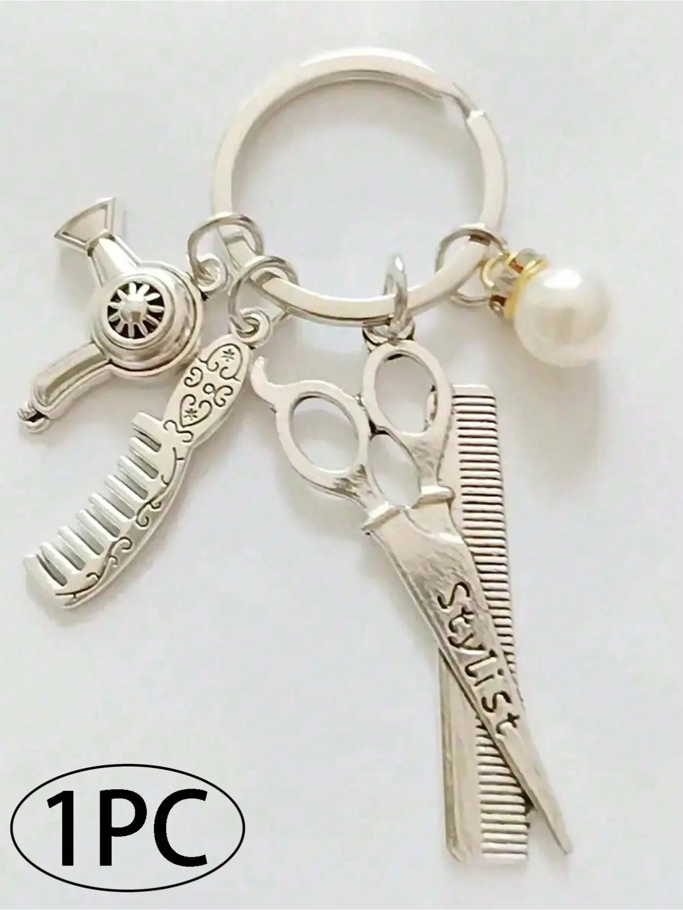 Millennial Street Barber Hair Dryer Keychain, Vintage Metal Key Ring, Silver Color, Includes Hair Dryer, Comb, Pearl, Party Gift, Makeup Bag Zipper Decor, Aesthetic Keychain