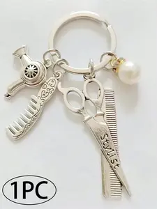 Millennial Street Barber Hair Dryer Keychain, Vintage Metal Key Ring, Silver Color, Includes Hair Dryer, Comb, Pearl, Party Gift, Makeup Bag Zipper Decor, Aesthetic Keychain