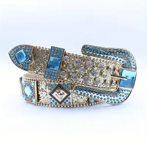 Sky Blue Unisex Men Women Rhinestones Belt Y2k Punk Cowboy Cowgirl Bb Belt for Jeans