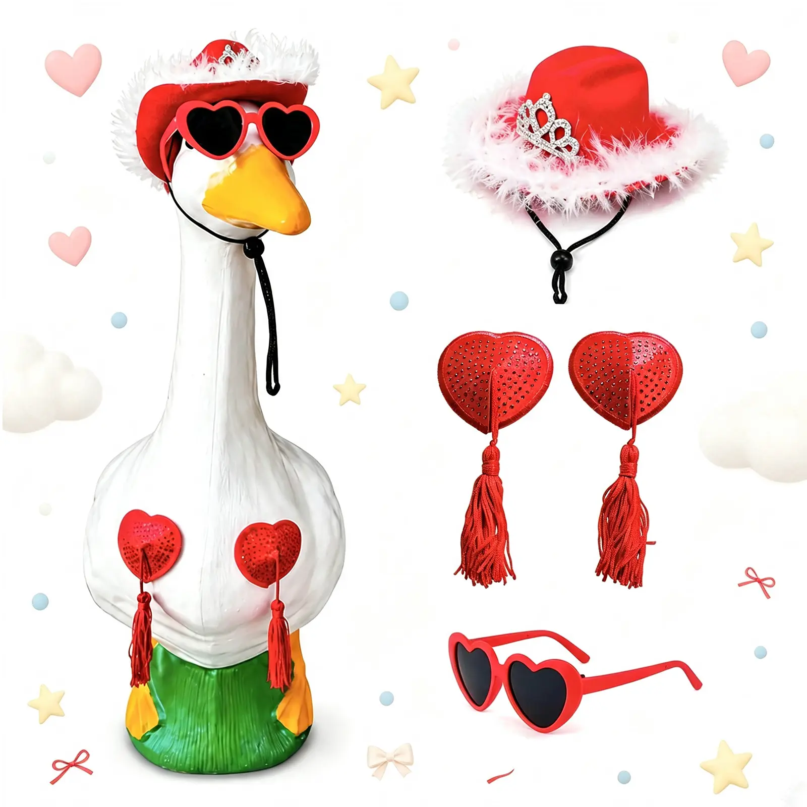 Funny Porch Goose Playful Outfit Decor Set - Hat, Sunglasses, Tassel Skirt for 17'' & 23'' Lawn Geese Outdoor Yard DIY Felt Craft Decoration
