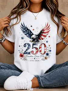 Lady's Round Neck Short-Sleeve Tshirt, 1776-2026 Freedom Eagle Graphic Patriotic Top, 4th of July Red White Blue Casual Women's Clothes
