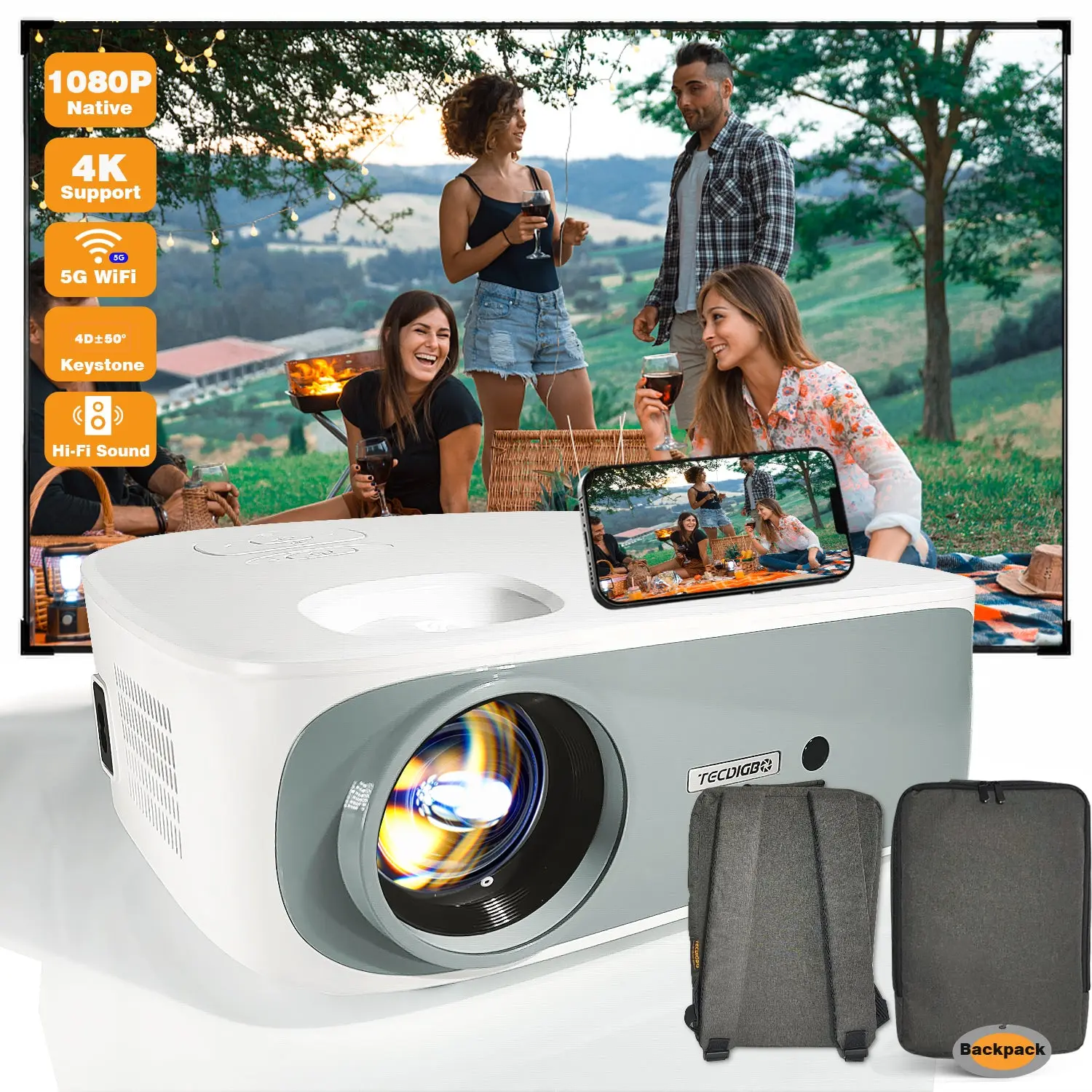 4K 5G Bluetooth Projector  4D Keystone Correction Native 1080P Full HD Outdoor Movie Projector For Smart Phone Laptop PC DVD TV PS4