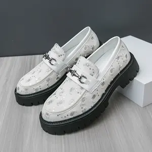 Men's Slip-On Loafers with Decorative Buckle - Upper & Rubber Sole, Low-Top White Casual Shoes for Nightclub, Office, or Casual Attire, Dressy Shoes, Embellished Sole, Durable Traction Footwear Boy Flat Western Slip On