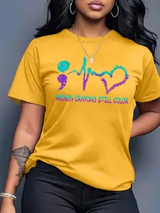 Broken Crayons Still Color Mental Health Women's Casual Short Sleeve Crew Neck Cotton T-Shirt – Bestselling Inspirational Graphic Print, Beige, Machine Washable Spring & Summer Top, Soft Skin-Friendly Fabric, Daily Versatile, Fashion Design