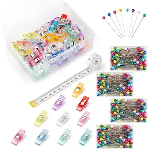 50Pcs Sewing Clips & 400PCS Sewing Pins with Box, Assorted Colors Quilting Clips Fabric Clips for Sewing Quilting Supplies Crafting Tools, Straight Pins with Colored Pearlized Ball Heads Long 1.6inch