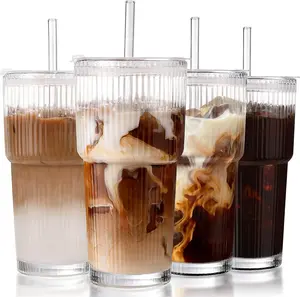 18oz 4Pcs Ribbed Glass Tumbler with Lid & Straw, Leakproof Reusable Cup for Iced Coffee