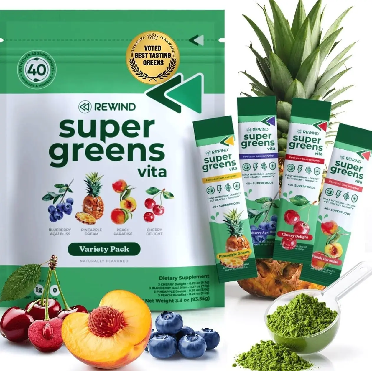 Rewind Best Tasting Vita Variety Sample Stick Pouch - Super Greens Powder Packets - Delicious Green Juice Drink Mix with Amazing Flavor - Over 40 Superfoods - Variety Pack (12 Sticks)