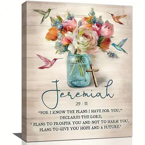 2D Flat 1pc Wooden Framed Farmhouse Scripture Wall Art, Religious Bible Verse Canvas Print, Rustic Floral Flower Design with Hummingbird Artwork, Ideal Home Decor for Church, Bathroom, Dining Room, Living Room, or Country-Inspired Spaces