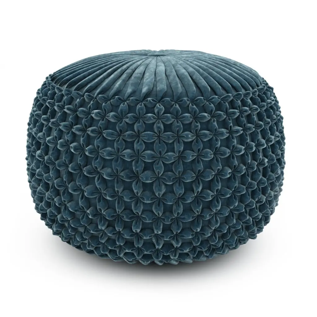 HomeRoots 638502 Bohemian-Modern Blue Velvet Round Pouf Ottoman - 14x20x20 in. Small, Durable Indoor Cushioned Stool, Footstool with 250 lbs Weight Capacity, Weight Capacity: 250, Foam