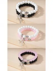 2pcs Cross Friendship Bracelets For Women, Glass Beads Cross Pendant Sideways Cross Bracelet For Best Friend Grandma Mom Sister Daughter