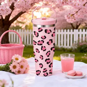 30oz Pink Leopard Print Tumbler With Handle And Straw Lid, Viral Aesthetic Insulated Thermal Cup, Double Wall Vacuum Keeps Cold 24H Hot 12H, Leak Proof Skinny Travel Mug, Trending Must Have Gift Idea Birthday Holiday Surprise Present Cute Summer Coffee Sm