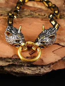 Viking Vintage Wolf Head Bracelet Stainless Steel Chain Bangle, Bold Men's Fashion Accessory, Nordic Style Party Jewelry Gift, Trendy Jewelry