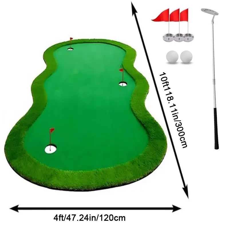 4×10FT Various Styles Of Practice Putting Mats, Large Indoor/outdoor Golf Putting Green Professional Golf Training Mat, Realistic Golf Mat With Sand Trap, 3 Golf Flags 3 Metal Cups 2 Golf Balls And 1 Golf Putter
