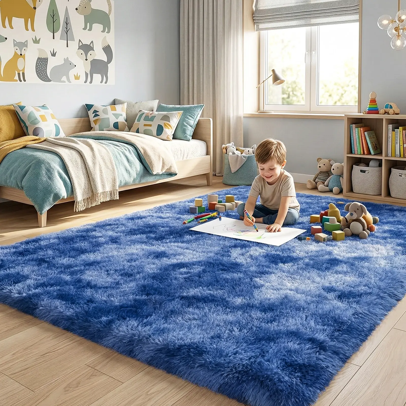 【Back to School】PLUMLIK Tie-dye Blue Area Rug for Living Room, Upgrade Non Slip Fluffy Shag style Rug for Bedroom, Nursery and Kids Room, Soft and Comfy, Fuzzy Bedside Carpet for Girls, Boys Dorm Decor Aesthetic, With 4 Carpet Stickers