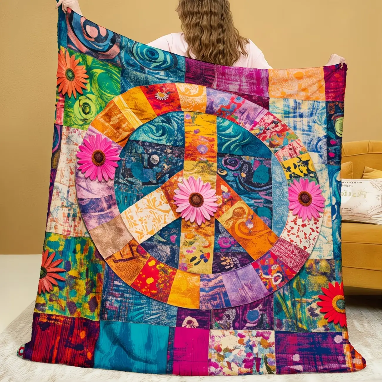 Multicolor Patchwork Peace Sign Collage Flannel Blanket, Soft Bedspread with Colorful Squares, Throw Blanket, Soft Cozy Blanket for Sofa, Bed, Car, Office, Washable, All Seasons, Decorative Blanket, Soft Blankets, Throw Blanket for Couch