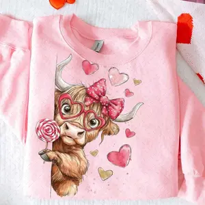 Valentine Highland Cow Sweatshirt/Hoodie, Cute Pink Heart Cow Shirt, Funny Lollipop T-Shirt for Women and For Men