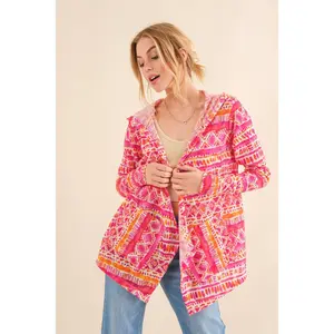 Full Size Printed Thermal Hooded Open Front Cardigan