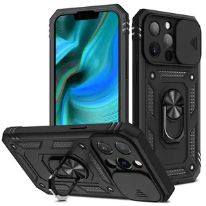 Heavy Duty Military Grade Shockproof Phone Case, Sliding Camera Lens Cover Built-in 360° Rotatable Metal Ring Kickstand, Magnetic Car Mount Compatible Cover for iPhone 12 13 14 15 16 17 Pro Max