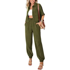 Women's 2026 Summer 2 Piece Outfits Tracksuit Short Sleeve Cropped Button Down Shirt Long Pant Lounge Matching Set