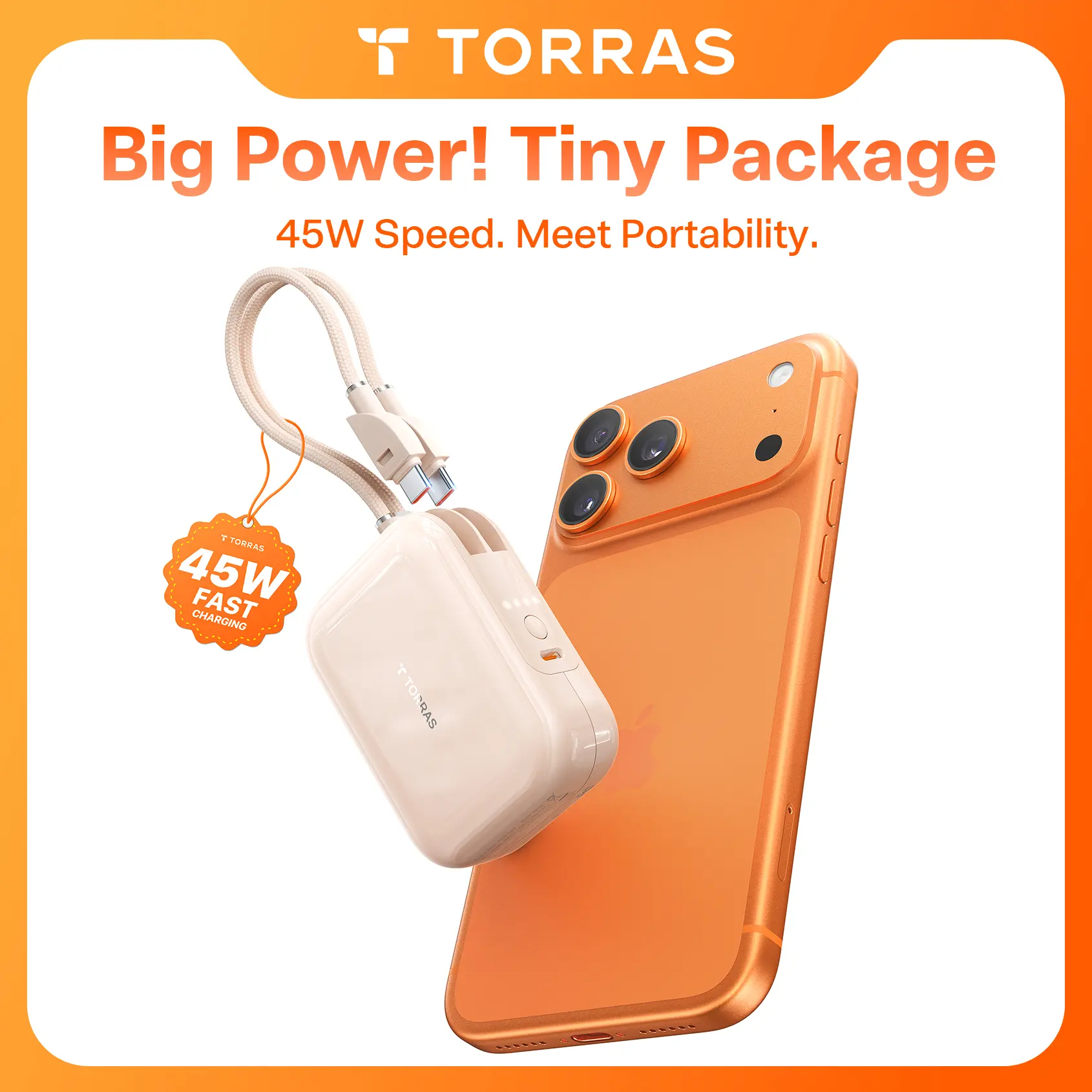TORRAS Portable Charger Power Bank 45W Fast Charging [Daily Use & Travel Essential] Built in Cable USB C, Phone Battery Pack Powerbank for iPhone 17 16 15,iPhone 17 Pro Max, iPhone 17 Air,Pro,Samsung S25, S24, slim,10000mah,5000mah,Google Piexl etc