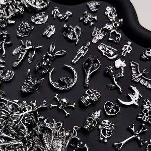 MonkeyBro Gothic Skull Cross Bat Moon 3D Metal Nail Charms Silver Black Punk Y2K Decorations for Acrylic Nails Edgy Nail Art Supplies Glitter Press-on Premium Design