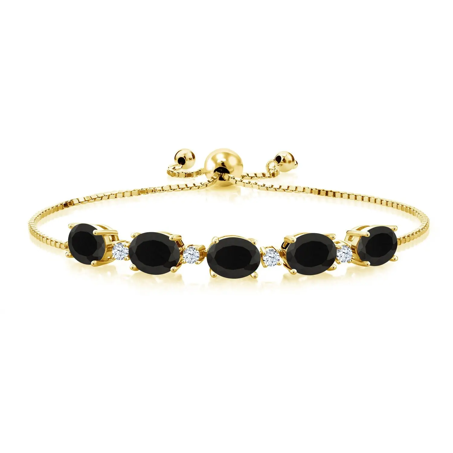 Gem Stone King 5-8 Cttw Gemstone Birthstone and White Created Sapphire Tennis Bracelet for Women | 18K Yellow Gold Plated Silver | Oval 8X6MM with Round 2.5MM Accents | Adjustable Bolo Chain