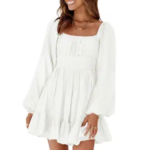 Dokotoo Womens Dress Long Lantern Sleeve Square Neck Tie Backless Sexy Dress Ruffle Elastic Waist A-Line Mini Dress