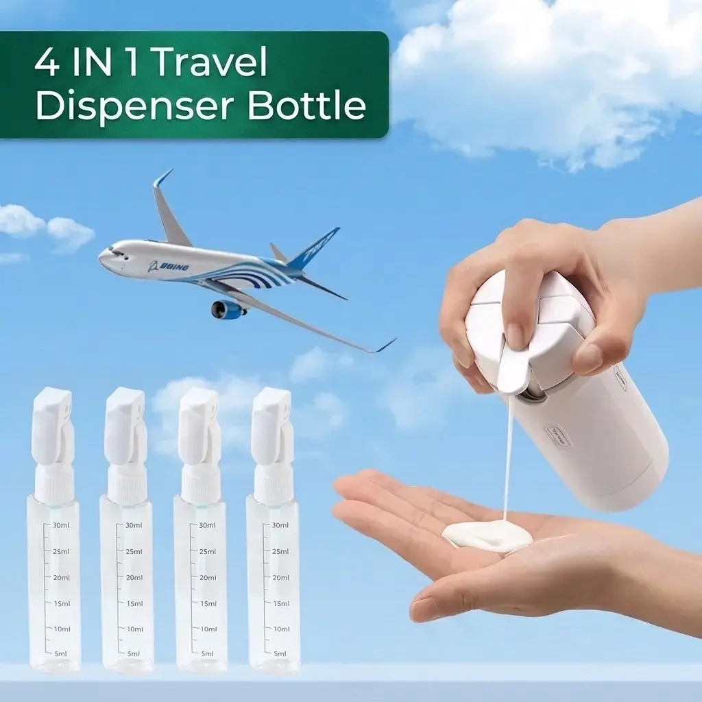 4-in-1 Travel Dispenser Bottle, Leak-Resistant Refillable Toiletry Organizer for Shampoo, Conditioner, Lotion & Body Wash, Compact Carry-On Travel Bottle Makeup Tools Set Makeup Bag