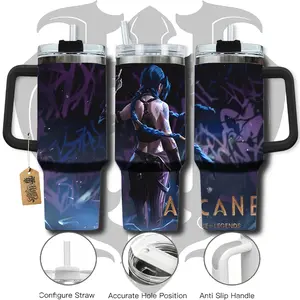 HardTimesMerch - Jinx Arcane #1 40oz Handle Tumbler Stainless Steel Travel Mug, Game Inspired Vacuum Insulated Cup, Large Iced Coffee Tumbler, Manga Fighter Drinkware, Gamer Gift for Him Her