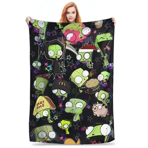 nvader Zim Gir Collage Flannel Blanket Cooling Blanket Homegoods Soft Cozy For Bedroom Living Room Sofa Couch For 90s Cartoon Fans Retro Animation Lovers Perfect Gift