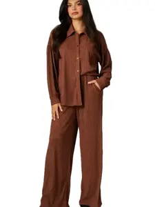 Crinkled Plisse Button Down Shirt Loungewear Set
