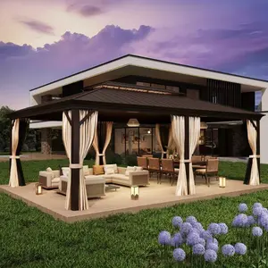 14' x 20' Hardtop Gazebo with Double Roof, Permanent Outdoor Aluminum Gazebo with Curtains & Netting, UV-Resistant Pavilion for Patio, Garden, Lawn