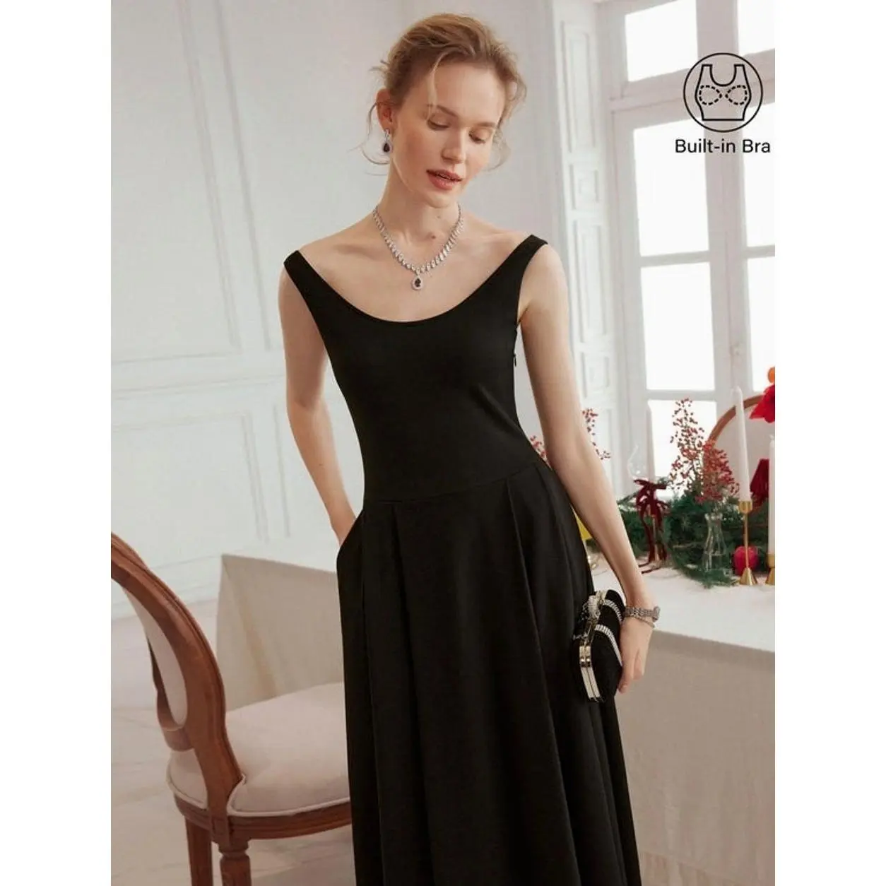 Women's Basic Casual Balletic Scoop Neck Midi Bra Dress - Nylon Breathable Fabric, Black, with Pockets, Minimalist, Lightweight