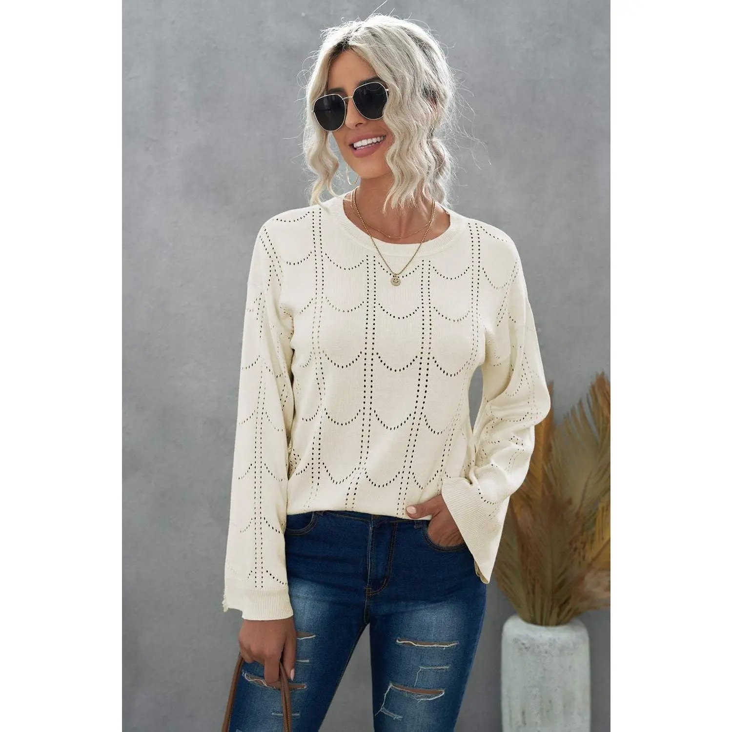 Openwork Flare Sleeve Pullover Sweater