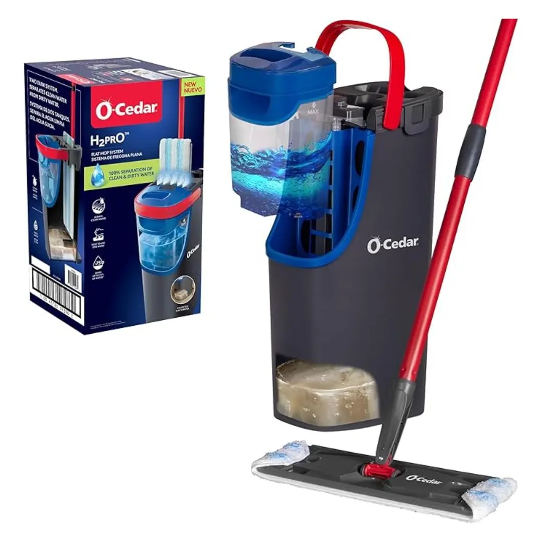 O-Cedar H2prO Flat Mop System Dual-Tank Quick Cleaning Tool with Machine Washable Reusable Microfiber Pad Safe for Wood Floors Vinyl Tile Baseboards Walls