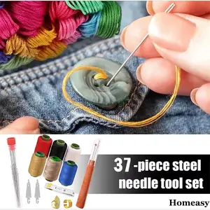 Homeasy 37PCS Sewing Tool Set, Big Eye Steel Sewing Needles Kit, Needle and Thread Kit,Threader and Needle Repair Kit Stainless Steel Needles for Hand Sewing