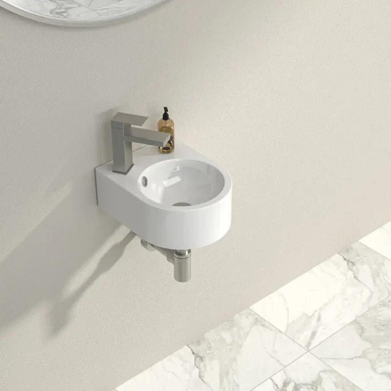 Logmey 13"L x10"W Circular Wall Mounted Bathroom Sink White Ceramic Wall Hung Lavatory Sink With Pre-Drilled Faucet Hole Space Saving Small Wall Vessel Sink