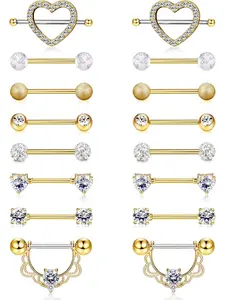 8 Pairs 14G Nipple Rings 316L Surgical Steel Heart CZ Tongue Barbell Body Piercing Shield Ring Set 5/8 Inches Body Piercing Jewelry