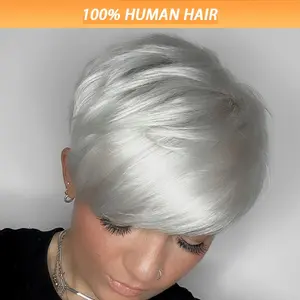 Wholesale 2025 NEW ArrivalsShort Ombre Gray Pixie Cut Hair Wig with Bangs for Daily Wear Human Hair Pixie Cut Glueless Layered Wig Wavy Grey Wigs for Christmas Party, Cosplay, Daily Use Glueless Full Machine Made Wigs