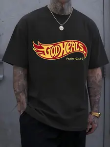 "Vintage Flame 'God Heals' Christian T-Shirt | Psalm 103:2-3 Faith Inspired Graphic Tee | Men's Retro Streetwear Hip Hop Short Sleeve, Religious Inspirational Casual Fashion Top"