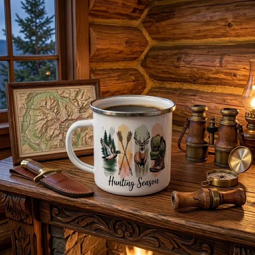 Hunting Season Campfire Cup, Fishing Cup, Outdoor Mug for Camping Hiking Lake Life, Lightweight Durable Metal Mug, Rustic Camp Cup with Stainless Steel Rim, Portable Travel Mug, Gift for Fisherman Outdoor Lover